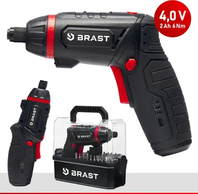 A collage of images showing a cordless screwdriver and its accessories.