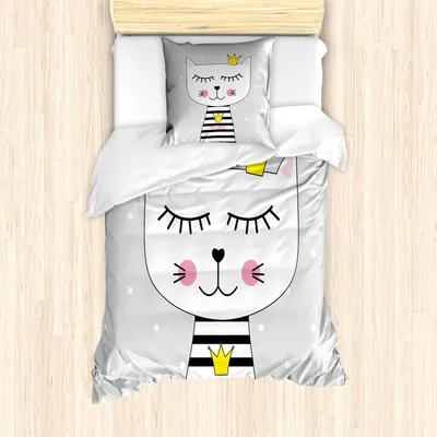 Obrázok produktu pre ABAKUHAUS Sada obliečok na posteľ pre mačky, princezná s nápisom Meow na košeli a korunou, 135 x 200 cm + 80 x 80 cm, sivá ružová