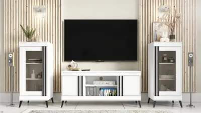 Produktbild von COSMO Wohnwand TV-Schrank Set auf Beinen, Wohnzimmerset, Fernsehtisch und 2 Vitrinen - Weiß