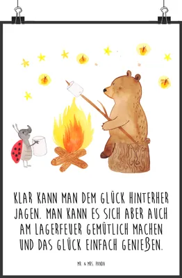 Produktbild von Mr. & Mrs. Panda Bild Bär & Marienkäfer Lagerfeuer DIN A0 - Weiß - Geschenk, Wandbild, Teddy, wanddeko, Plakat, drucke, Wanddekoration
