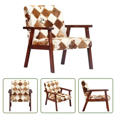 Image de The Living Store Fauteuil blanc et marron Véritable cuir de chèvre