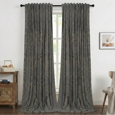 Produktbild von 2er Set Samt Vorhänge mit Kräuselband Vorhang Verdunkelung Golden Bedruckte Gardinen Wohnzimmer Schlafzimmer, B132xH274cm, Dunkelgrau