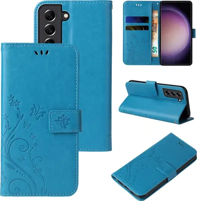 Produktbild von Handyhülle für Samsung Galaxy S23 Floral Blumen Schmetterling Flip Cover Hülle Case Klapphülle Handytasche Farbe: Blau