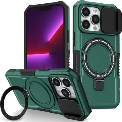 Produktbild von Handyhülle für iPhone 13 Pro Kompatibel mit MagSafe, Robuste Hülle mit Schiebe Kamera Schutz, Magnetischer Ringständer Dunkelgrün