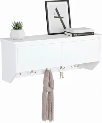 Obrázek produktu pro Nástěnný věšák Relaxdays, 5 háčků, s úložným prostorem, ŠxVxH: 30x78x20 cm, moderní, předsíňová polička se 2 sklopnými přihrádkami, MDF, bílá