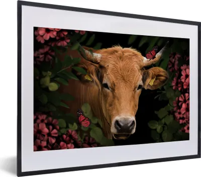 Produktbild von MuchoWow® MuchoWow® Gerahmtes Poster Kuh - Blumen - Tiere - Braun 40x30 cm - Poster mit zchwarzem Bilderrahmen - Bilderrahmen - Poster im Rahmen