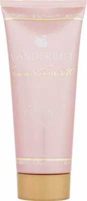 A pink tube of Vanderbilt body lotion with a gold cap, set against a white background.