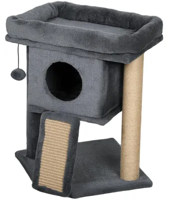 Image de Arbre à chat avec tapis griffoir et balle de jeu | Couleur : Gris, marron | Dimensions : 40x40x57 cm