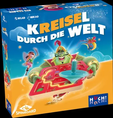 Produktbild von HUCH! | Kreisel durch die Welt | kooperatives Geschicklichkeitsspiel | mit innovativem Kreisel-Starter | Kindergeburtstag | Reist durch 8 Welten und erfüllt die Aufgaben! | Für 1-4 Spieler ab 6 Jahren