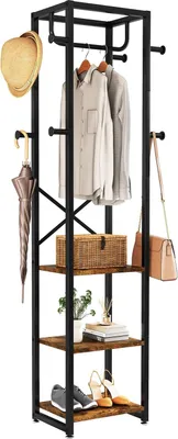 A freestanding coat rack with shelves and hooks, displaying various items like clothes, a hat, an umbrella, a bag, and shoes.