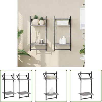 Produktbild von The Living Store Wandregale mit 2 Ablagen & Stangen 2 Stk Grau Sonoma 30x25x65cm