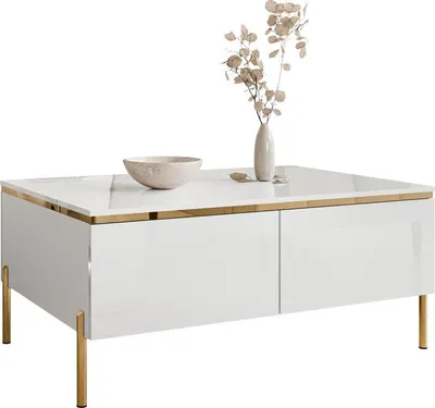 Produktbild von Couchtisch AURORA mit Staufach weiß glänzend, Beine - Gerade Gold Chrom