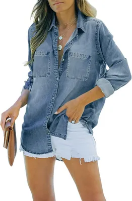Productafbeelding van Dames denim blouse met lange mouwen, losse pasvorm en borstzakken