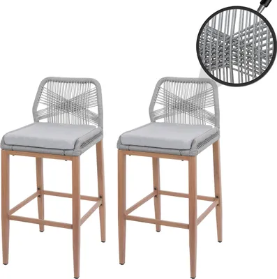 Produktbild von 2er-Set Rope-Barhocker HWC-O21, Outdoor Sitzpolster Seilgeflecht Metall Holz-Optik  hellgrau, Kissen hellgrau