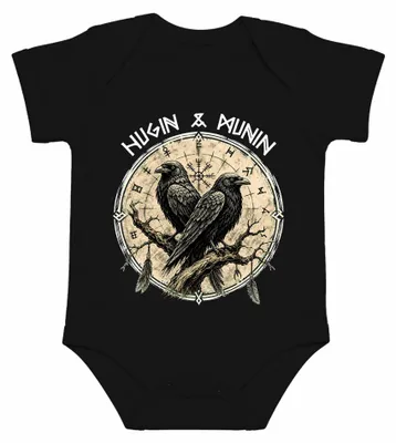 Imagen del producto de Body para bebé con motivos vikingos: cuervo de Odín, Huginn, Muninn, símbolo Vegvisir, runas. Color: . Talla: 0/3 meses
