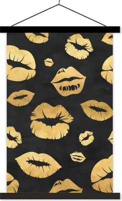 Produktbild von MuchoWow® Textilposter Muster - Kuss - Gold - Schwarz 60x90 cm mit schwarzem Rahmen - Poster Wohnzimmer