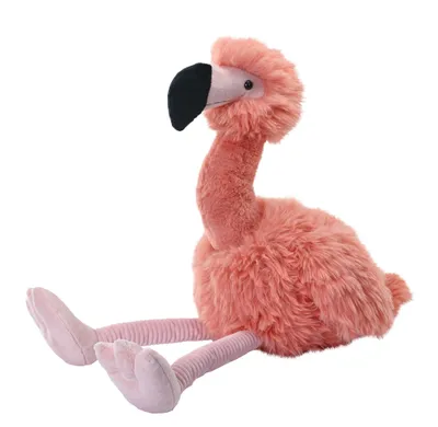A plush flamingo toy is shown sitting on a white background.