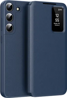 A blue leather flip case for a Samsung Galaxy S22 phone is shown with the flip cover partially open, revealing a small display window showing the time and date.