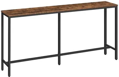 Obrázok produktu pre Unyqoos® Úzka konzolová polička 160×20×80,5 cm – teplé drevo, čierna kovová konštrukcia, nastaviteľné nožičky, nosnosť 50 kg