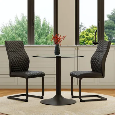 Image de Ensemble table et chaises, table ronde en verre de 85 cm + 2 chaises de salle à manger noires à dossier haut