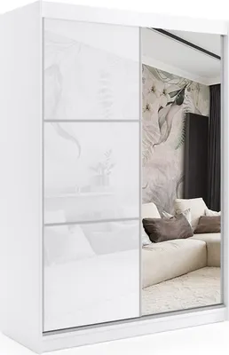 A white wardrobe with mirrored doors reflecting a living room.