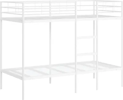 A white metal bunk bed frame is shown against a white background.