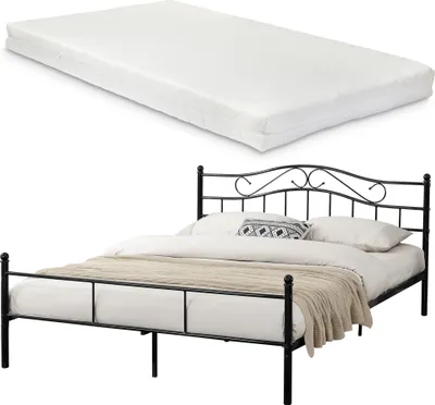 Produktbild von Metallbett mit Matratze 140x200cm Schwarz Bett Bettgestell Doppelbett [en.casa]