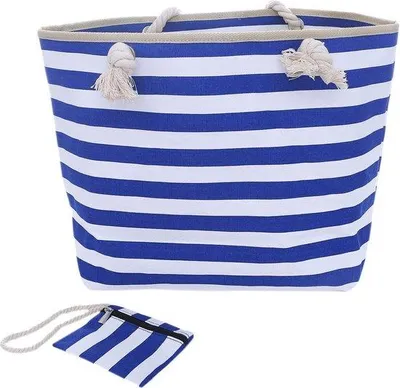 Produktbild von Beige großer Strandbeutel mit Streifen - Schultertasche mit Reißverschluss - Baumwollliege