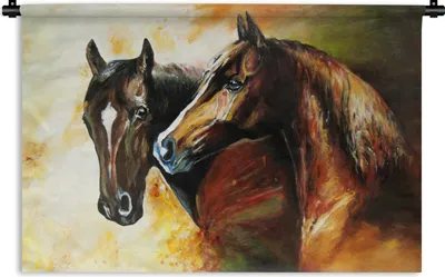 Produktbild von MuchoWow® Wandteppich Wandbehang Malerei - Pferde - Tiere - Ölgemälde 90x60 cm Tapisserie Dekoration Wandtuch - Wandskulpturen - Bildteppich