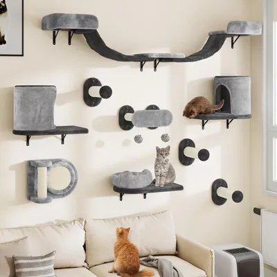 Image de 11 pièces : ensemble de mur d'escalade robuste pour chats, griffoir et maison pour chats