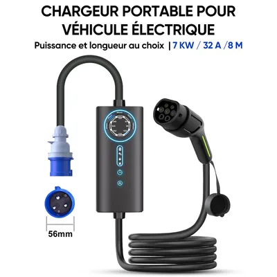 Image de Chargeur EV Junsun, 7 kW, câble 8 mètres, Type 2, monophasé, 6-32 A
