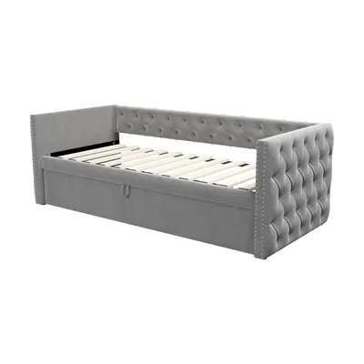 Produktbild von Flieks Polsterbett Schlafsofa 90x200cm mit Ausziehbett 90x190cm, Tagesbett Funktionsbett Sofabett mit Lattenrost, Jugendbett Kinderbett Holzbett, Samt