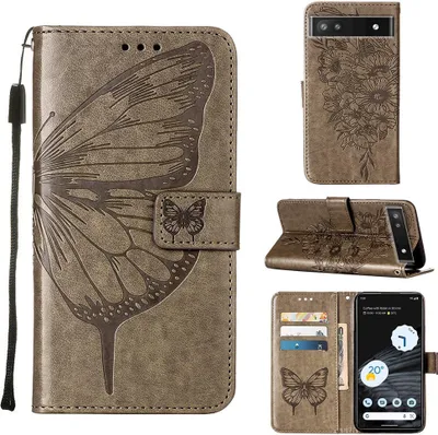 Produktbild von Google Pixel 7 Pro Hülle, Schmetterling Prägung Flip Leder Kartenfächer Schutzhülle Ledertasche mit Ständer für Google Pixel 7 Pro Grau