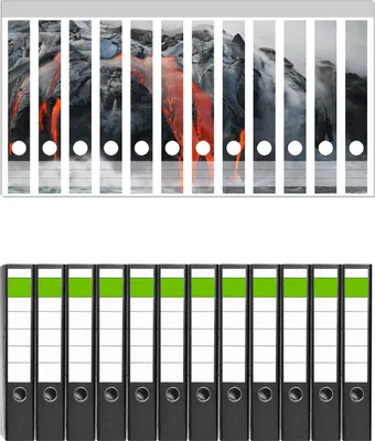 Produktbild von Wallario 12 Stück schmale Ordner inkl. Klebeetiketten mit Motive Lavastrom ins Meer -  Set mit Rückenschildern / Ordnerrücken Stickern
