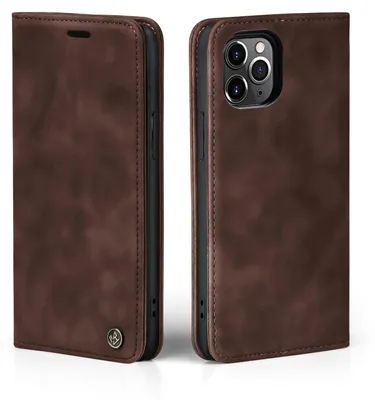 A brown leather flip case for an iPhone is shown from two angles.