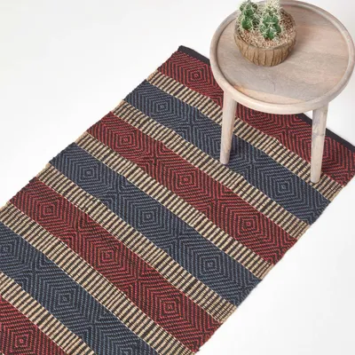 Image de HOMESCAPES Tapis en jute tissé à la main, rayé multicolore, motif géométrique, 66 x 200 cm