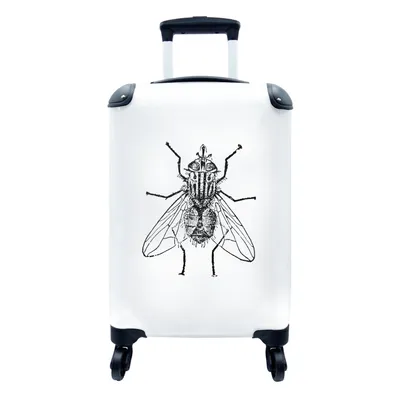 Produktbild von MuchoWow® Koffer Handgepäck Trolley Rollkoffer Kleine Reisekoffer mit 4 Rollen - Fliege - Tiere - Vintage - Schwarz und weiß - Cabin Size < 55x40x23 cm & 55x40x20 cm - Fotokoffer - Kabinenkoffer - Boardgepäck - Reise-Box - Reisekoffer - Reisegepäck - Koffer mit Bild - Trolley für Kinder