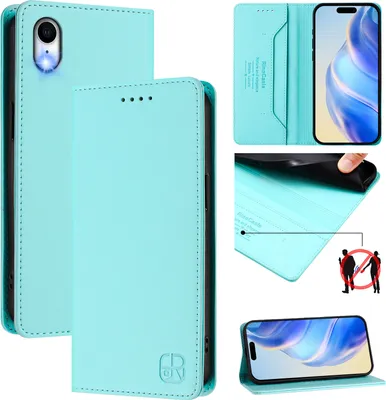 Produktbild von Lederhülle für iPhone XR Hülle Flip Brieftasche Kartenfächern Ständer Schutzhülle Türkis