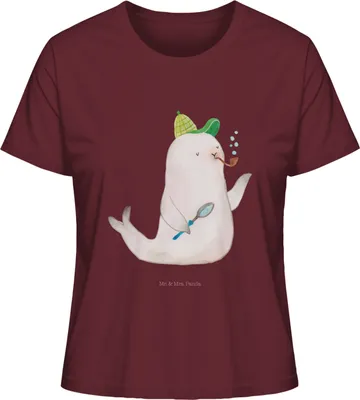 Produktbild von Mr. & Mrs. Panda damen shirt Robbe Sherlock Größe S - Burgundy - Geschenk, Lustige Sprüche, Baumwoll T-Shirt, Oberteil, Sommershirt, Basic