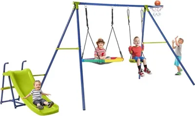 Immagine prodotto di Set altalena 4 in 1 per bambini - Struttura altalena - Altalena doppia - Scivolo - Canestro da basket - Robusto telaio in metallo per giardino/esterni - Blu