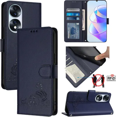 Produktbild von Leder Hülle für Honor 70 Süße Katze Flip Case Brieftasche Schutzhülle mit Standfunktion Blau