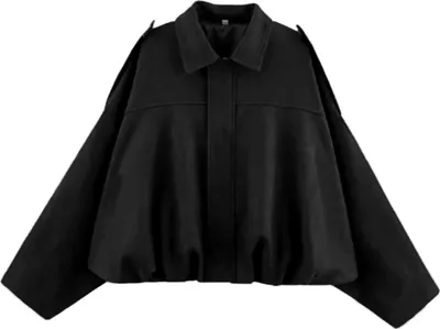 Image de Veste pour femme ASKSA : veste courte oversize en simili daim, col à revers, style streetwear, veste d'hiver (noir, L)