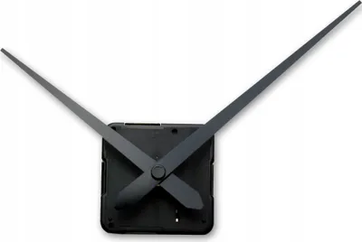 A close-up shot of a black quartz clock movement with two black clock hands against a white background.