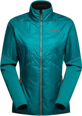 Damenjacke "Ascent Primaloft Jkt W" von La Sportiva in Türkis mit Reißverschluss und Stehkragen.