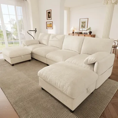 Produktbild von STILVORA Ecksofa mit 6 Sitzen und Stauraum-Hockern, Modulares Sofa mit USB/Type-C Ladeanschluss und Handyhalter, U-förmiges Sofa mit kissenartigen Armlehnen