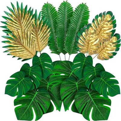 Immagine prodotto di 66 foglie di palma in plastica - Set di foglie tropicali per decorazioni da festa in spiaggia - Decorazioni per la casa, decorazioni nuziali, tema vacanze