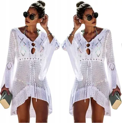 Produktbild von Kleid - Sommerkleid - Strand-Pareo - Luftige, leichte Tunika mit Spitze - Asymmetrisch - Weiß - Einheitsgröße