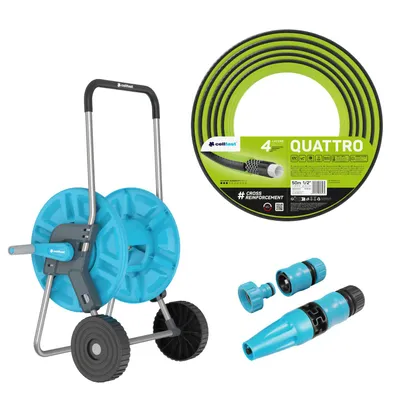 Obrázek produktu pro Cellfast Aluplus, vozík na hadice, 1/2", 60 m + Cellfast Quattro, zahradní hadice, 1/2", 50 m + Sada s rozprašovací hlavicí Cellfast Basic, 1/2"