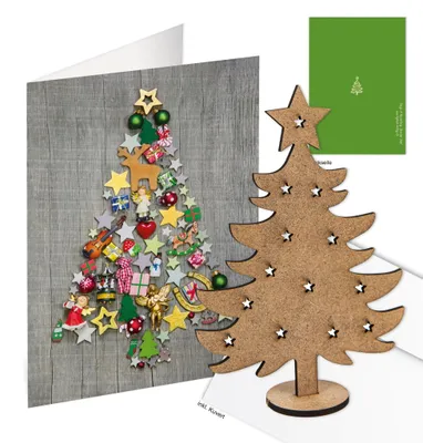 Produktbild von 3 weihnachtliche Grußkarten mit Kuvert + Geschenk Baum aus Holz