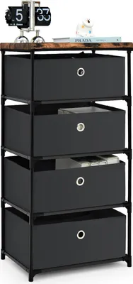 A four-drawer storage unit with a wooden top, placed on a white background.